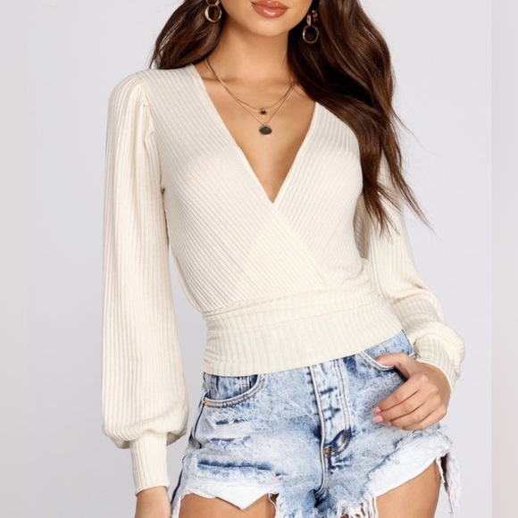 Windsor Girl Next Door Surplice Ribbed long sleeve White Crop Top - Picture 1 of 12